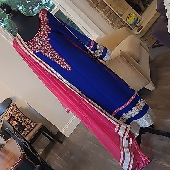 Homemade Indian Blue and Pink Dress with Silver Tassels - Picture 1 of 11